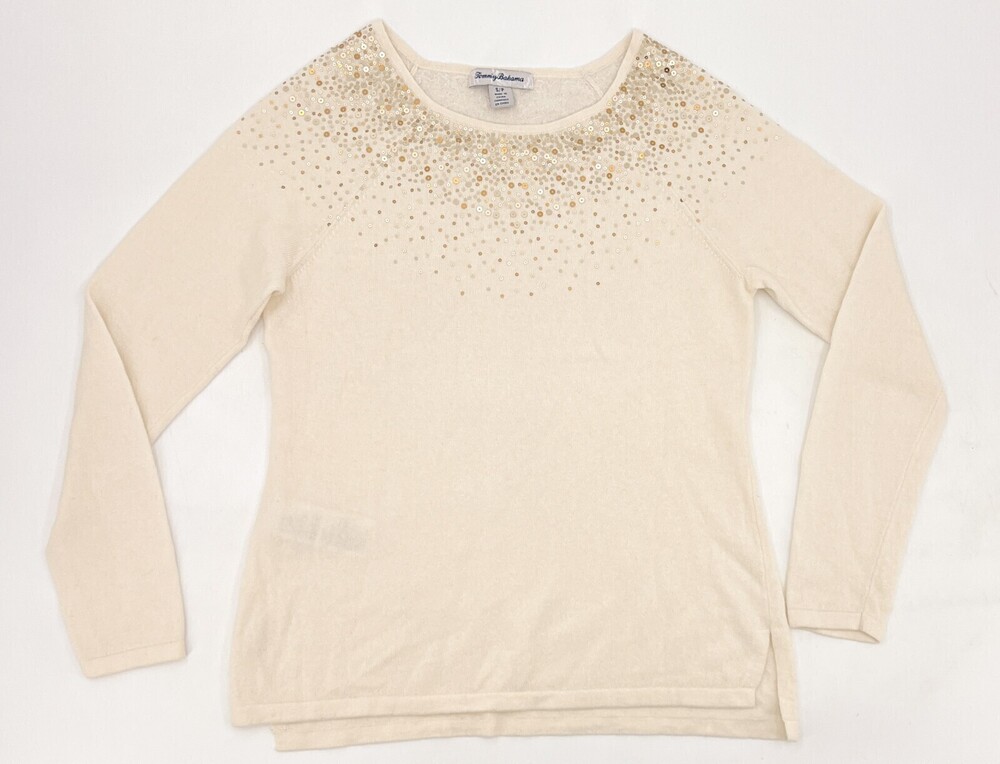 Tommy Bahama Sweater Women Small Ivory Sequin Embellished Lambswool Blend